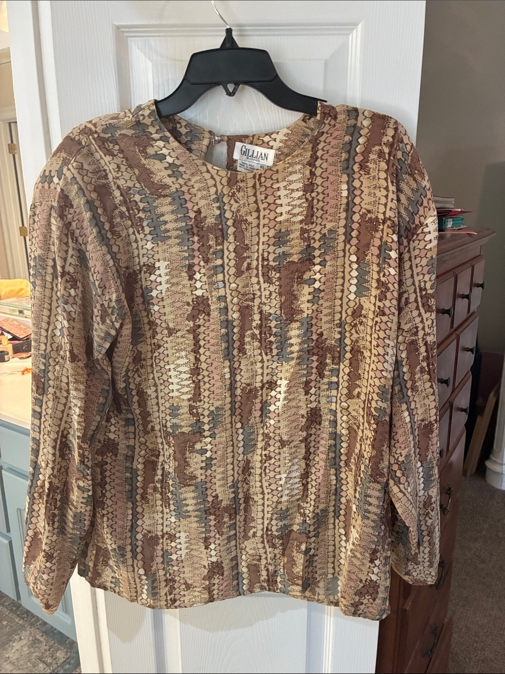Vintage Gillian 100% Silk Blouse in Beige, Brown and Dusty Blue Print SZ 10